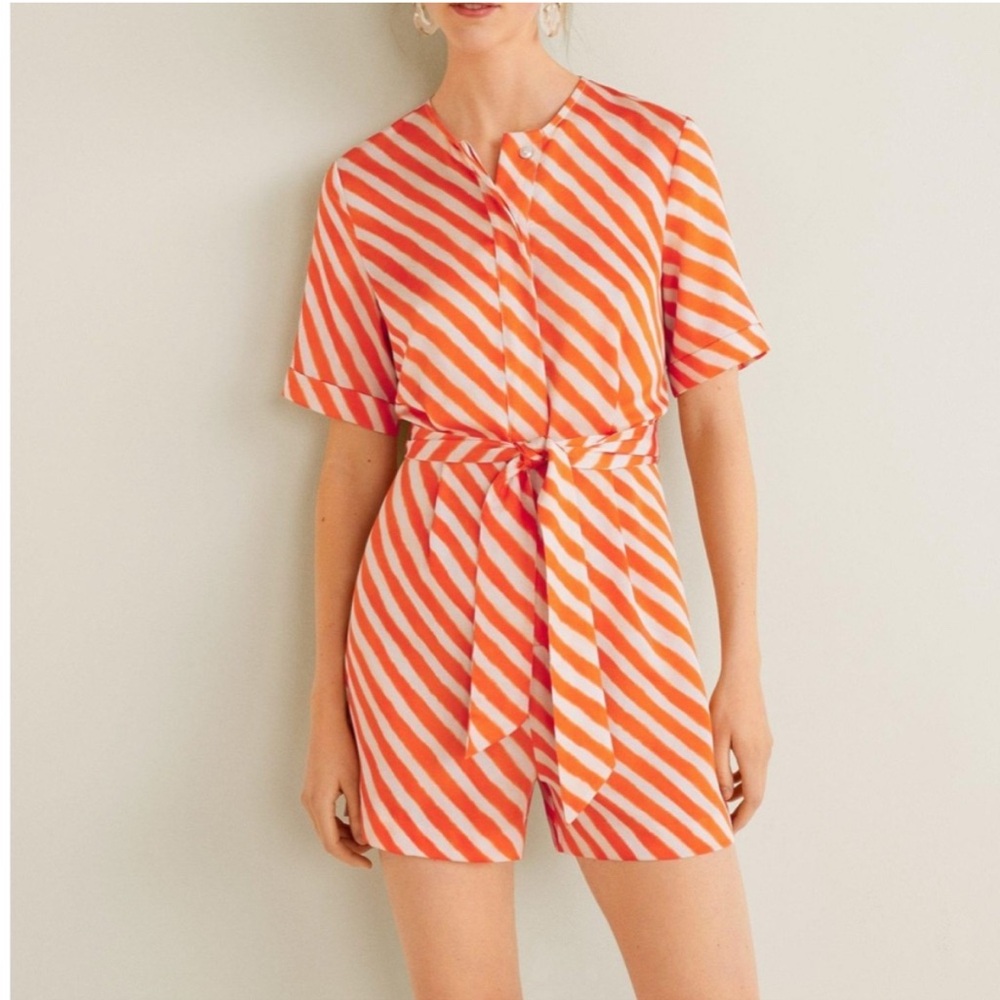NWOT! Mango Tie Waist Romper with Cream and Orange Stripes. Size Small
